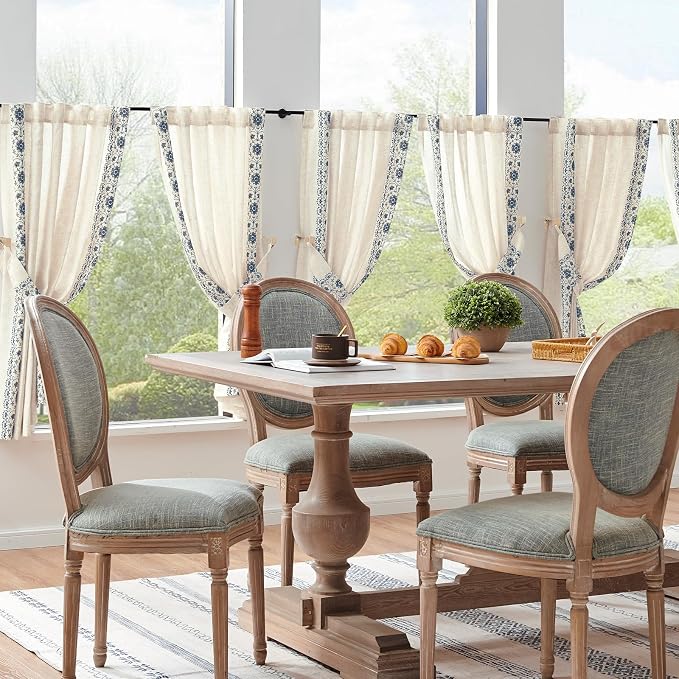 jinchan Blue Floral Embroidered Linen Kitchen Curtains 54×45 Inch 2 Panels | - Image 8