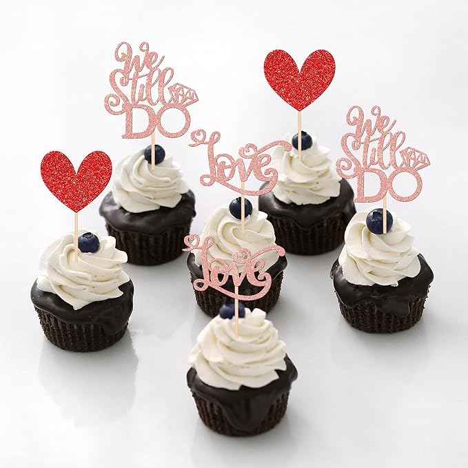 24 PCS We Still Do Cupcake Toppers Glitter Love Heart Bridal Shower Cupcake Picks for Wedding Engagement Bridal Shower Theme Party Cake Decorations Supplies Rose Gold