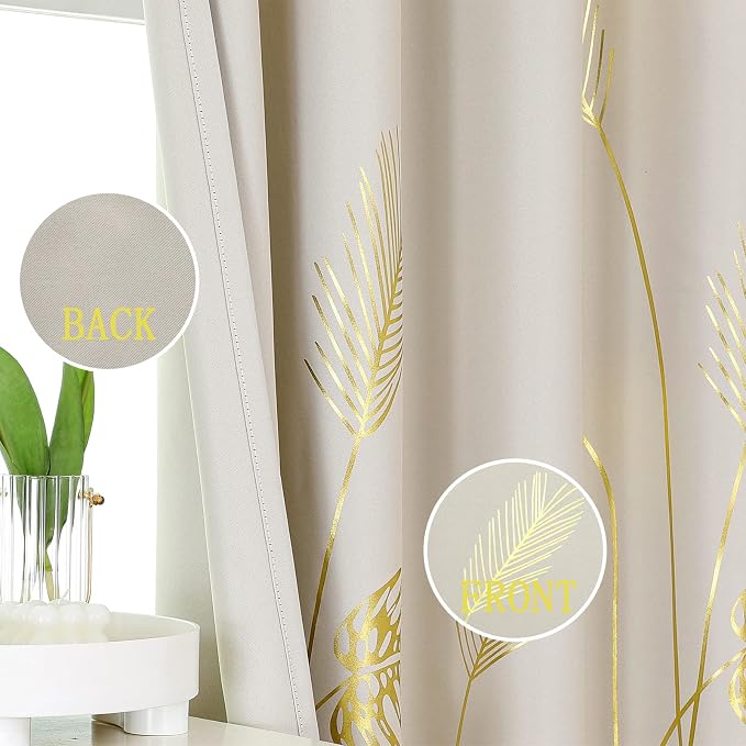 Gold Palm Leaf and Wheat Pattern Blackout Curtains - Image 3