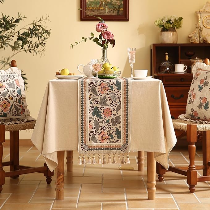 ISAENNE Designer Bohemian Linen Table Runner 87 Inches Long,Elegant Lotus Flowers Pattern Decor Table Runners for Dining Tables,Thanksgiving,Kitchen Tables,Christmas,12"*87"-Hazel A