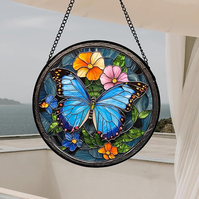 Stained Glass Window Hanging, Blue Butterfly Flower Suncatcher for Doors Home Sun Catchers Decoration and Christmas, Mother's Day Birthday Gifts for Women, Men, and Mom 9.8 in