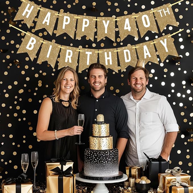 Netnology Pre-Strung Gold Glitter 40th Happy Birthday Banner Decorations | 12 - Image 7