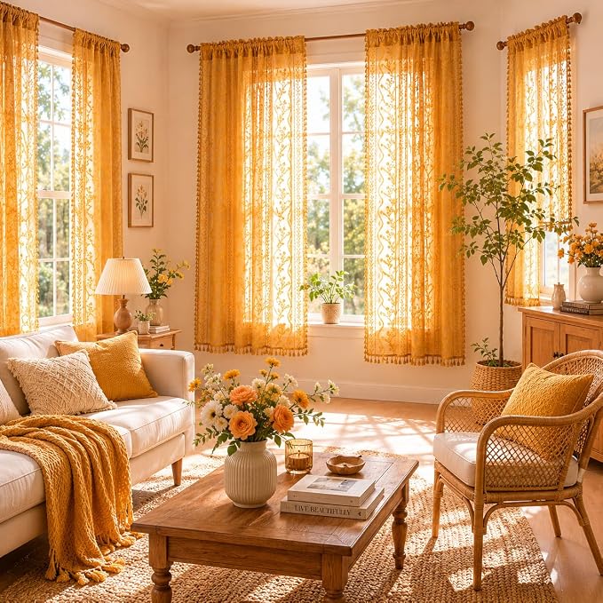 WAZZIO Boho Lace Curtains 2 Panels 63 Inch -Victorian Sheer Panel Drape French - Image 8