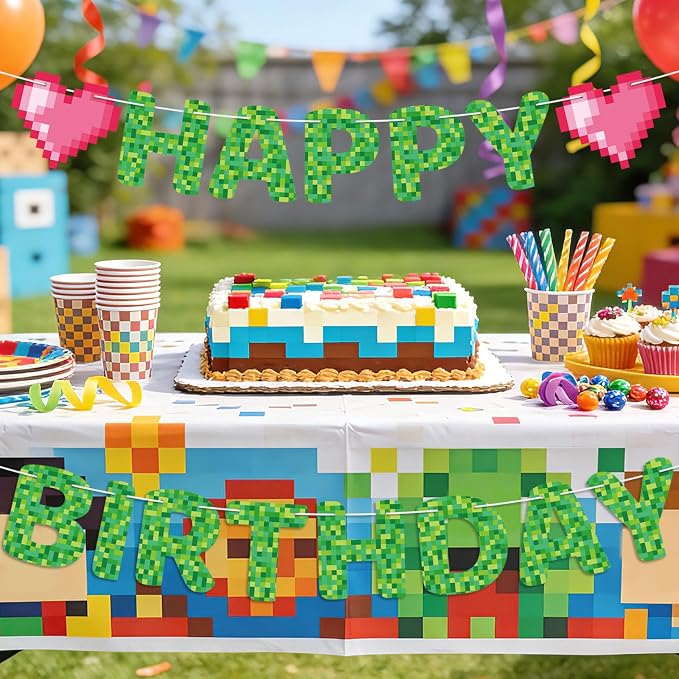 Pixel Happy Birthday Banner TNT Pixel Birthday Party Decorations Miner Video - Image 7