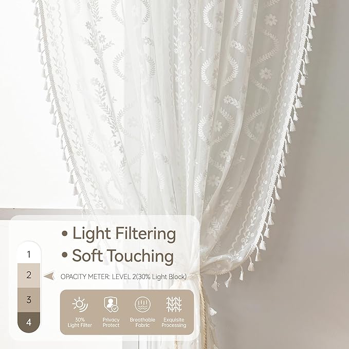 WAZZIO Boho Lace Curtains 2 Panels 72 Inches -Cute Vintage Victorian Sheer - Image 4