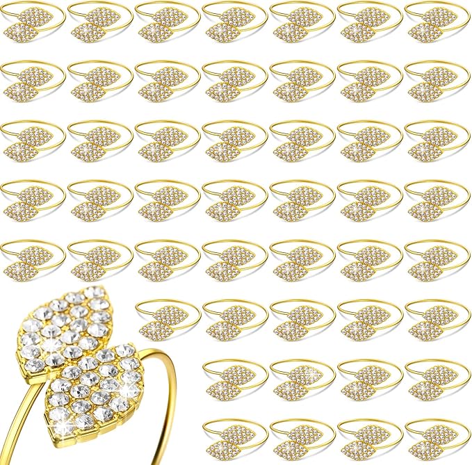 Hotop 48 Pcs Napkin Rings Gold Table Decorations, Elegant Bling Leaves Napkin Rings, Rhinestone Guest Towels Buckle for Wedding Gold Party, Thanksgiving Christmas Dinner Banquet Table Decoration
