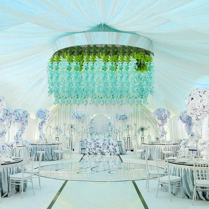 5 Pack Teal Wisteria Hanging Flowers, 3.44 Ft Fake Hanging Flowers, Artificial Wisteria Garland Vines for Wedding Room Backdrop Outdoor Patio Garden Decoration
