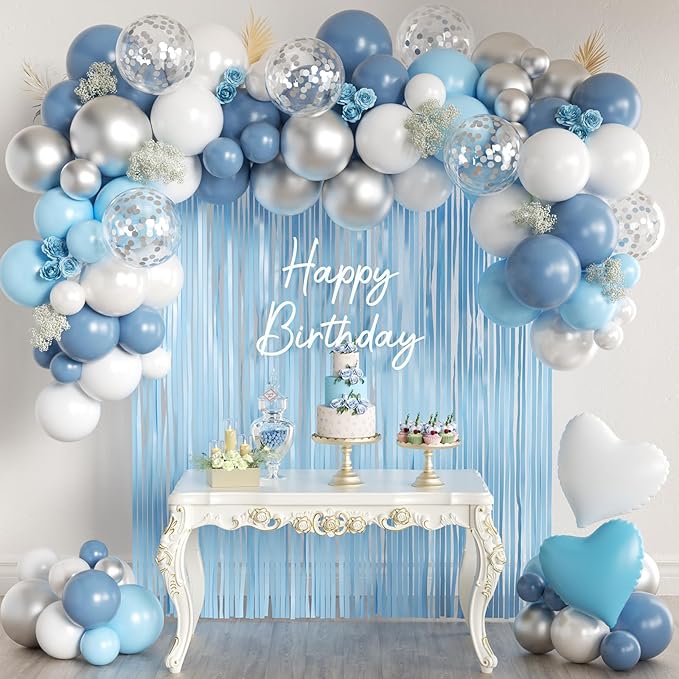 157PCS Pastel Blue Silver White Balloons Garland Arch Kit by MEBAY