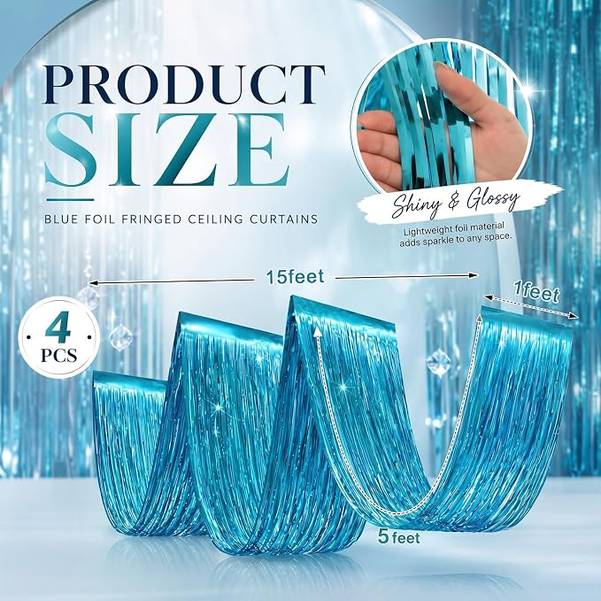 4 Pcs Light Blue 15ft Metallic Foil Ceiling Fringe Curtains, Party Decor Fringe - Image 2