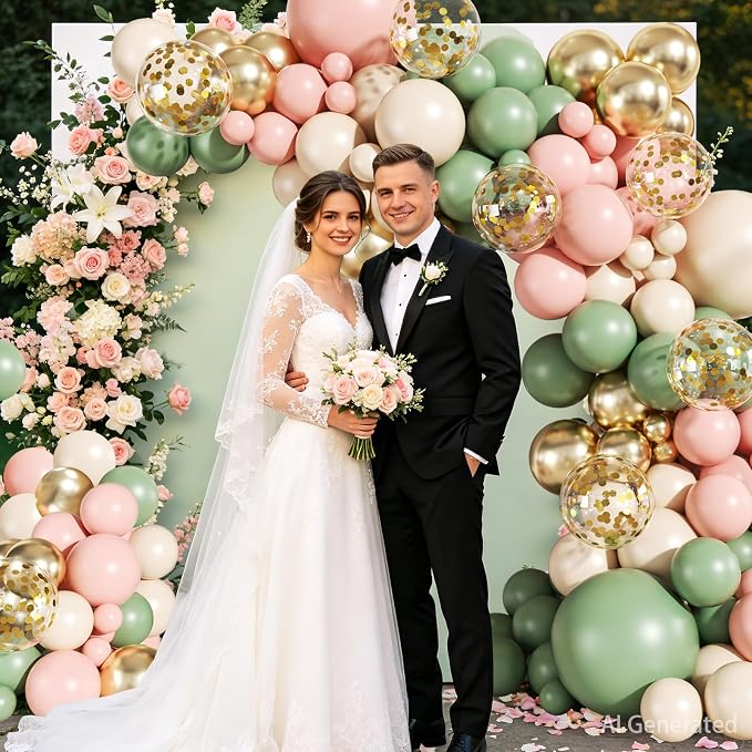 Sage Green Pink Gold Balloons Arch Kit - Image 2