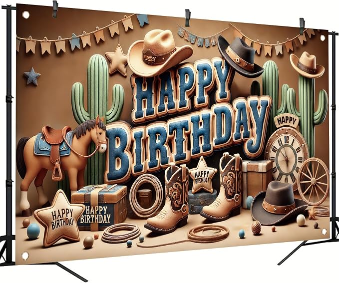 Western Cowboy Happy Birthday Banner Backdrop Rustic Wild West House Barn Photo - Image 2