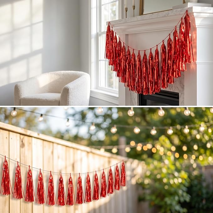 3P Red Foil Fringe Metallic Tassel Streamers Banner Tassel Garland - Image 5