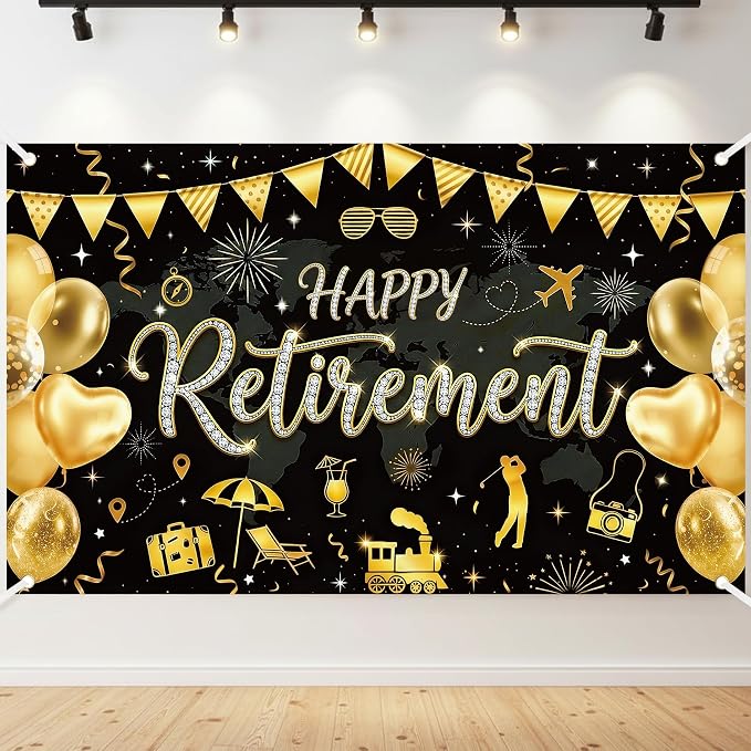 Happy Retirement Black Gold Backdrop by NIUBEHOHO
