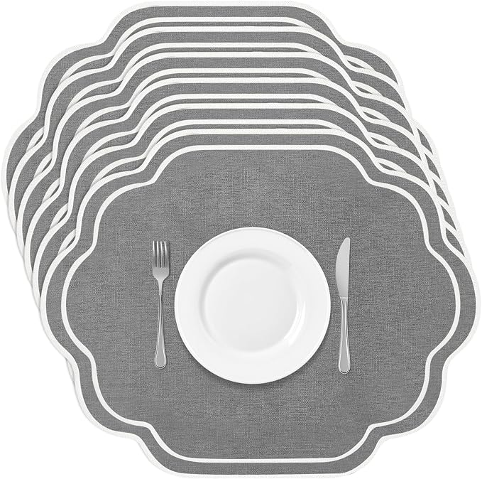 6 Pcs Gray Wedding Placemats Scalloped Embroidered Cotton Linen Placemats 17" x by Breling