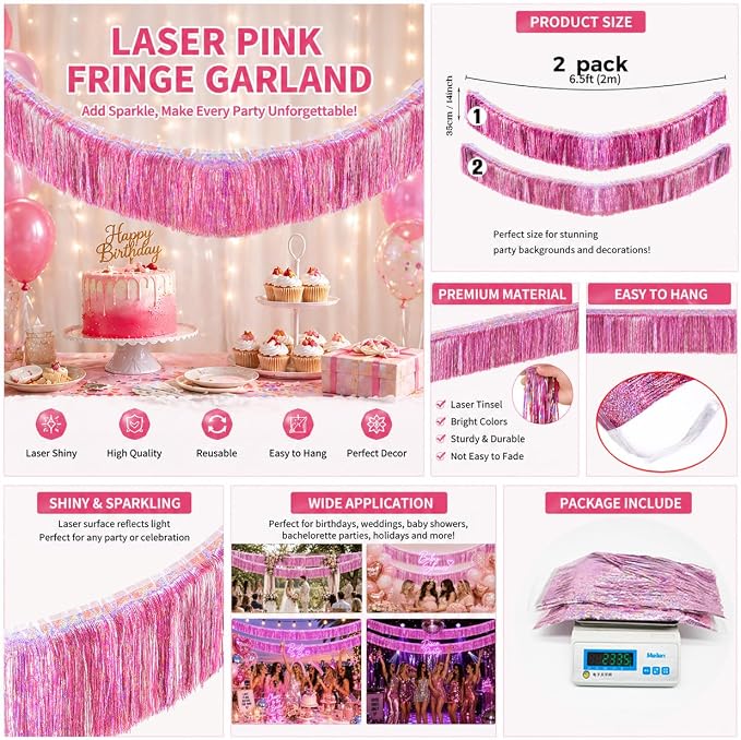 Glitter Pink Fringe Garland -4 Layers Thick, 2 Pack Metallic Tinsel Tassel - Image 5