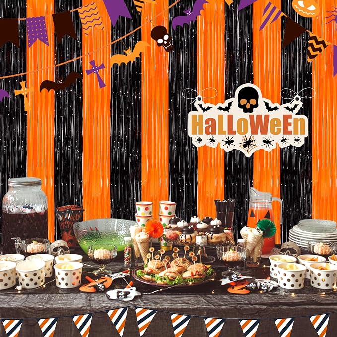 Black Orange Streamers Foil Fringe Curtain 3.3 x 8.3ft Party Streamers 2Pack - Image 7