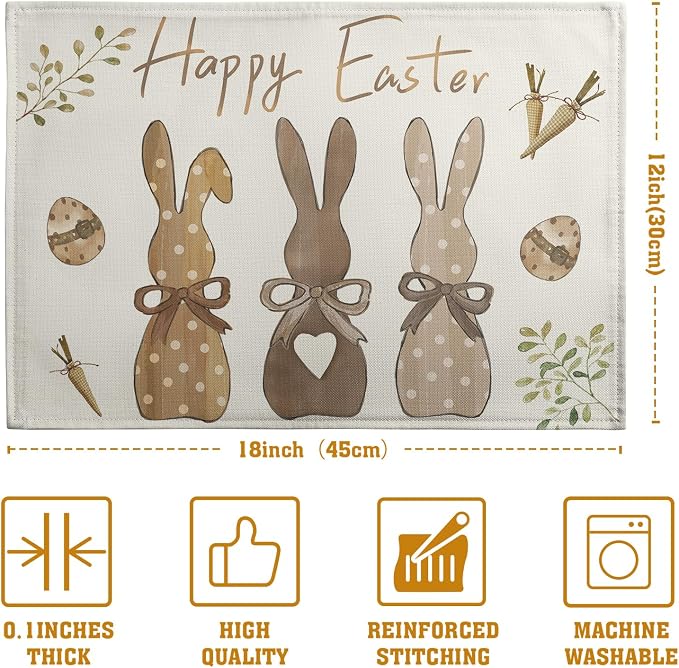 Happy Easter Bunny Placemats Set of 4 Easter Rabbit Egg Carrots Linen Fabric - Image 4