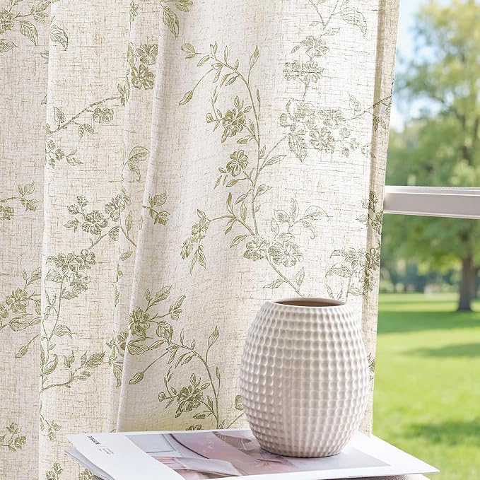 jinchan Green Floral Linen Curtains 90 Inch Flower Drapes Back Tab 2 Panels | - Image 8