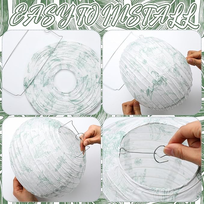 Riakrum 18 Pcs Floral Paper Lantern Set 10" 8" Sage Green and White Flower - Image 3