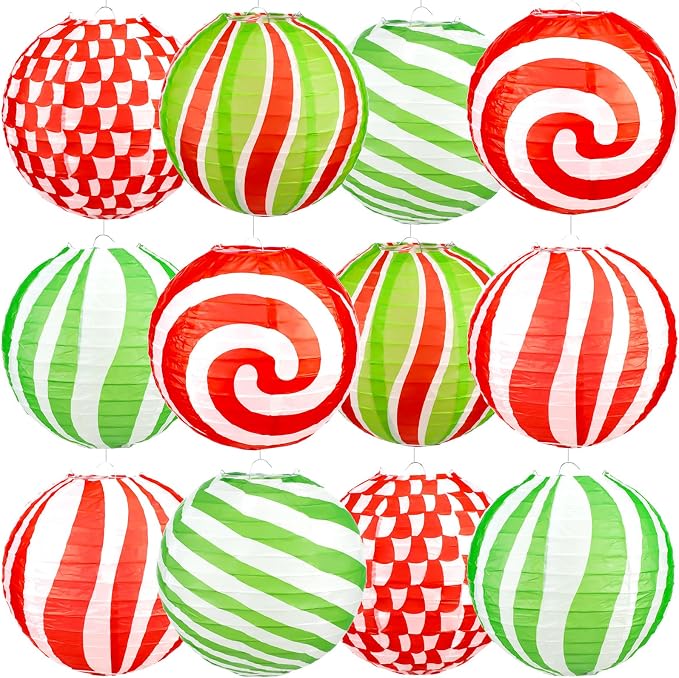 Panelee 12 Pcs Christmas Peppermint Paper Lanterns 8 Inch Red Green White Candy by Panelee