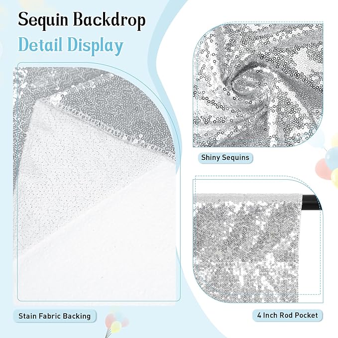 SquarePie Sequin Backdrop Curtain Not See Through Thick Background for Party 5FT x 7FT Silver