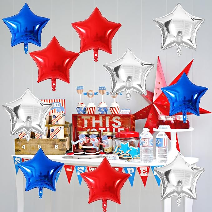 Blue Red Star Balloons, 18 Inch 12Pcs Navy Blue Red and Metallic Silver Stars - Image 4