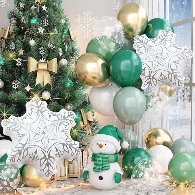 Winter Wonderland Balloon, Dark Sage Green Pastel Green White Metallic Gold - Image 3