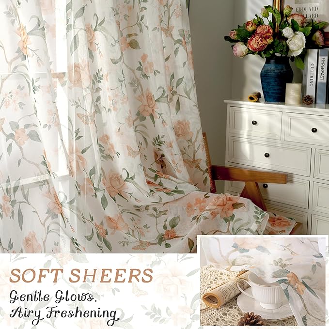 Sheer Curtains 45 Inch Length 2 Panels, Floral Patterned Linen Look Semi-Sheer - Image 6