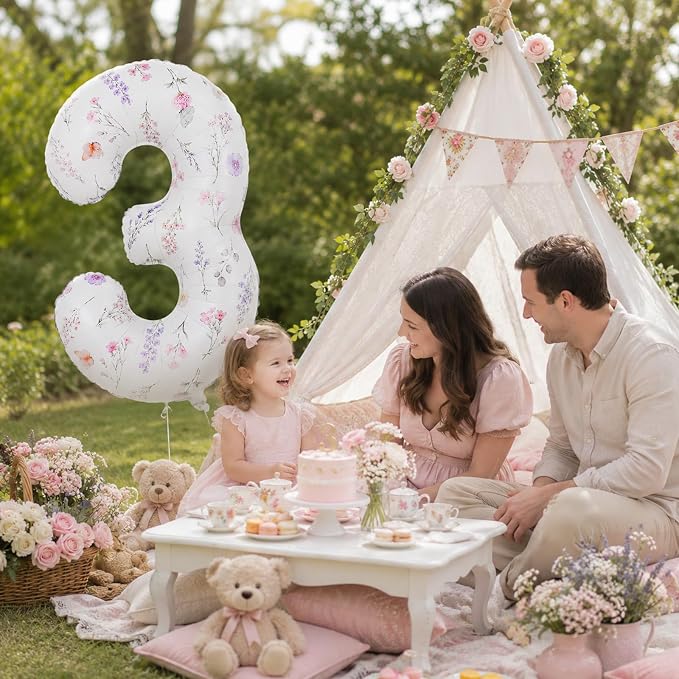 3rd Birthday Decorations for Girls, 40 Inch White Floral Number 3 Balloons | - Image 7