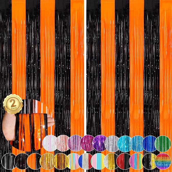 Black Orange Streamers Foil Fringe Curtain 3.3 x 8.3ft Party Streamers 2Pack by UWPVOWSR