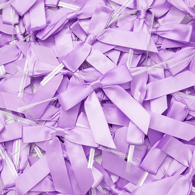 Bright Creations 100 Pack Purple Twist Tie Bows for Treat Bags, 3" Small Satin Ribbons for Craft Decoration, Gift Wrap, Themed Party Favors, Baked Goods - Purple Bow