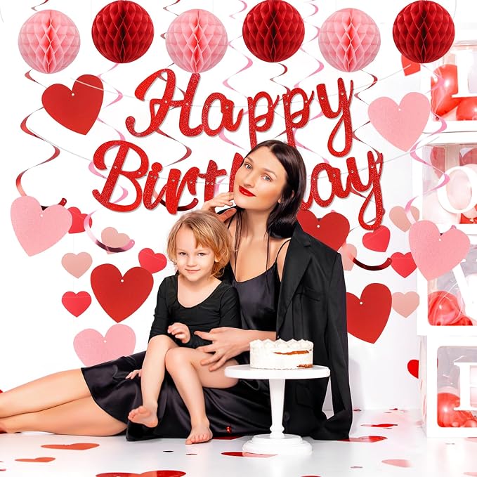 YEOCU Birthday Decorations, No DIY Pre-Strung Happy Birthday Banner | Red Heart - Image 5