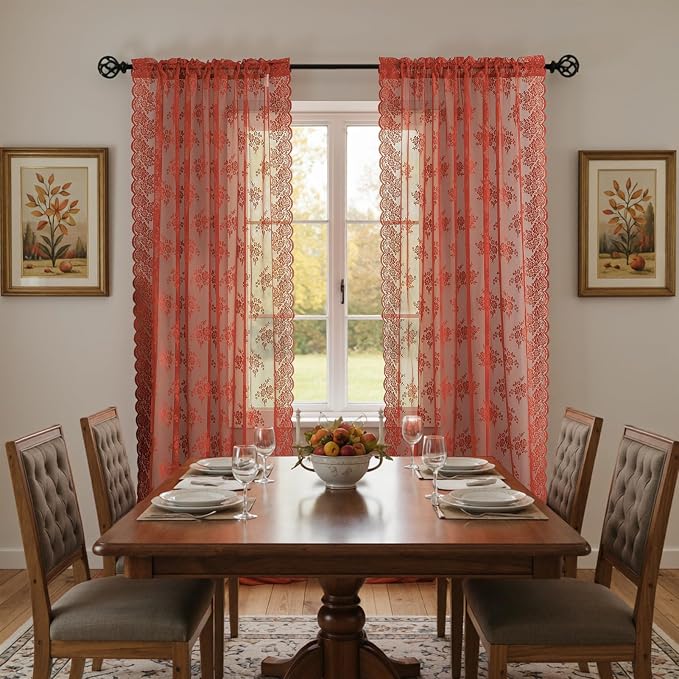 Kotile Rust Orange Lace Curtains, Vintage Rustic Floral 52x84 Inch 2 Panels | - Image 4