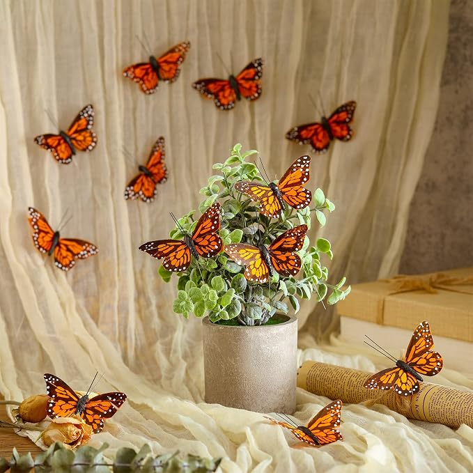 Ysleen 12 Set Monarch Butterfly Decoration Artificial Butterflies Feather Picks - Image 6
