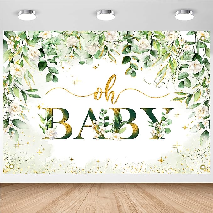 Greenery Boy Baby Shower Decorations Banner Floral Green Sage Oh Baby Backdrop by AVEZANO