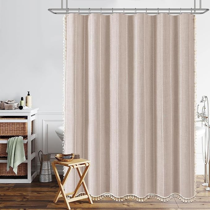 72x84 Long Boho Farmhouse Linen Heavy Duty Shower Curtain, Tan/Taupe | Tall Size - Image 6