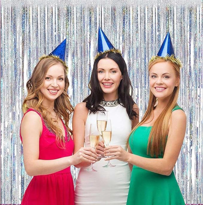 2 Packs 3.2ft x 6.6ft Silver Multicolor Tinsel Foil Fringe Curtains Photo Booth - Image 4