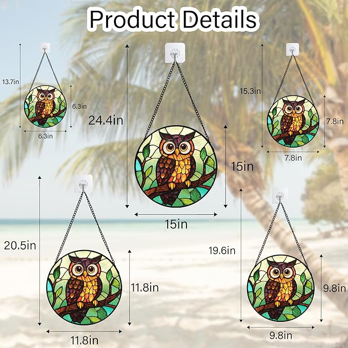 Stained Glass Window Hanging - Owl on a Branch Suncatcher for Doors Window Home Orange Brown Sun Catchers Decor Christmas Mother's Day Birthday Gifts for Teacher Women Men Mom Nana 15 in