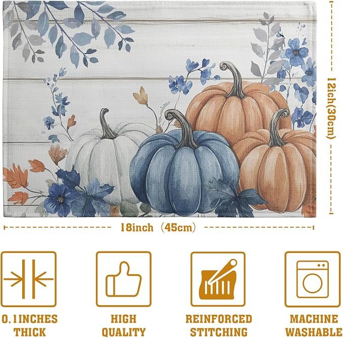 Autumn Placemats Blue Pumpkin Fall Place Mat Eucalyptus Leaves Floral Wood - Image 4