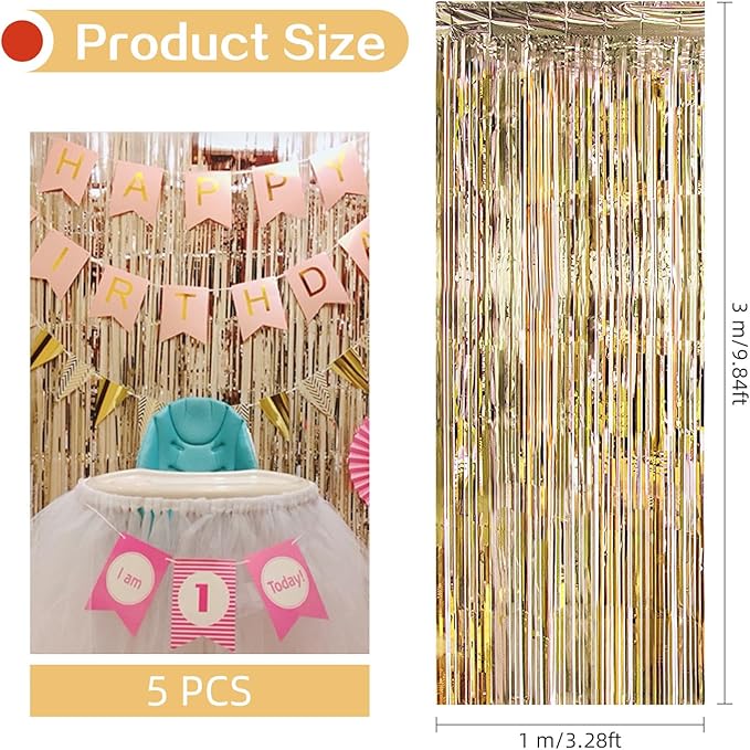 5 Pack Champagne Gold Foil Curtain Backdrop 3.2ft x 9.8ft Metallic Tinsel Foil Fringe Curtains Streamer Photo Booth Backdrop for Birthday Party Engagement Bachelorette Party Decorations