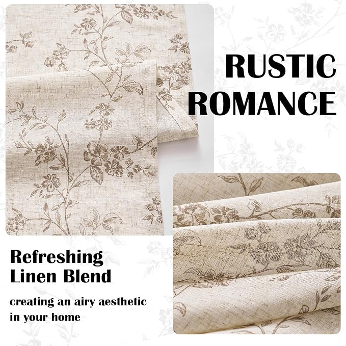 Taupe Vintage Floral Linen Curtains Farmhouse 50W X 63L 2 Panels | Elisa Series - Image 4