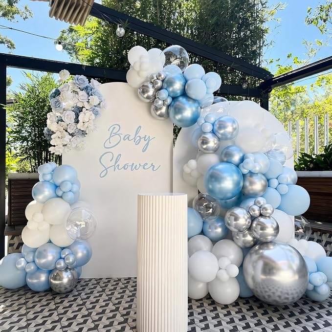 Blue and White Balloons, 12 Inch Baby Pastel Light Blue White Metallic Silver - Image 4