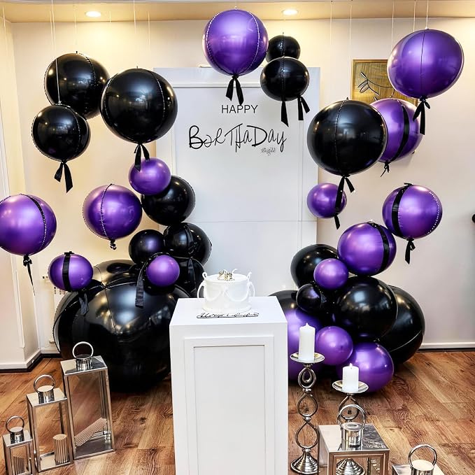 9 Pcs Black Purple Round Foil Balloons Black Metallic Dark Purple Chrome 4D - Image 4
