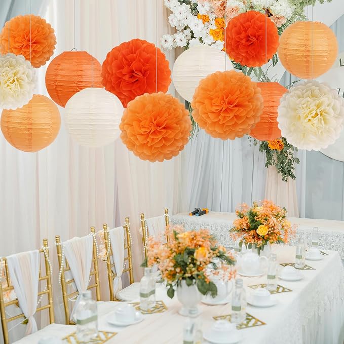 Orange Birthday Party Decorations Paper Lanterns and Pom Poms 15pcs Set | Baby - Image 3