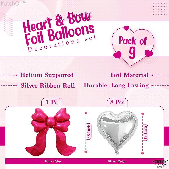 KatchOn Silver Heart with Bow Foil Balloons Decoration Set – Pack of 9 | Pink - Image 2