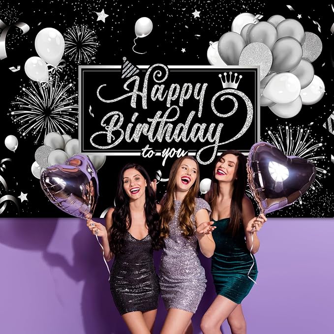 Blulu Happy Birthday Backdrop Banner Sign Poster Large Fabric Glitter Balloon - Image 4