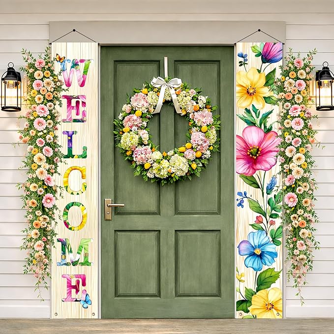 Hometitute 2 Pcs Spring Summer Welcome Floral Porch Banners Butterfly Flower - Image 3