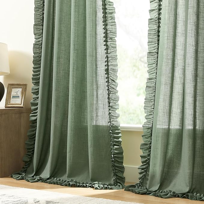 Dark Green Linen Ruffled Curtains - Image 4