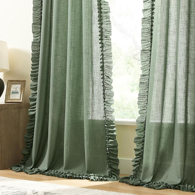 Dark Sage Green Ruffle Curtains Boho Farmhouse 58 x 72 Inch, 2 Panels | Rod - Image 4