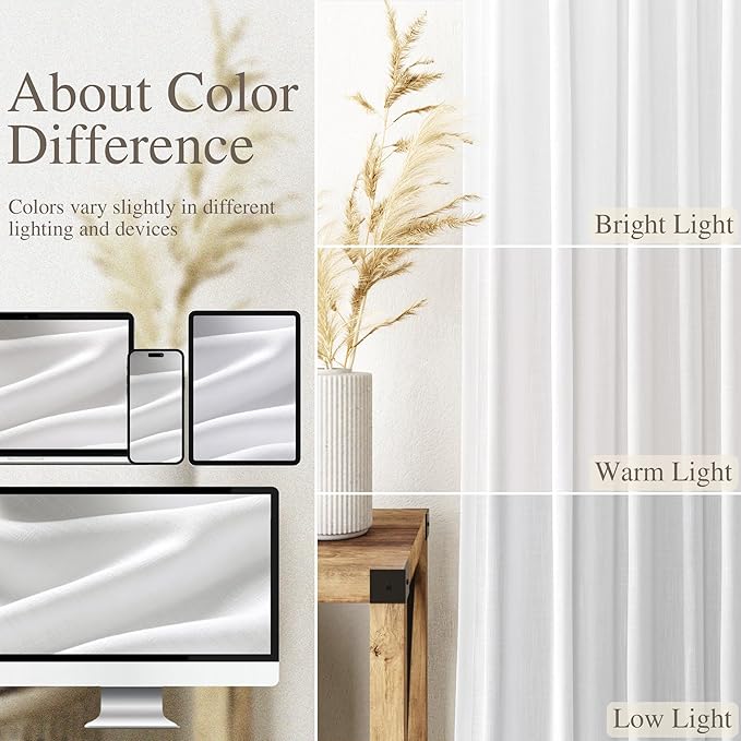 White Linen Sheer Curtains 102 Inches 2 Panels Set Back Tab Rod Pocket Extra - Image 4